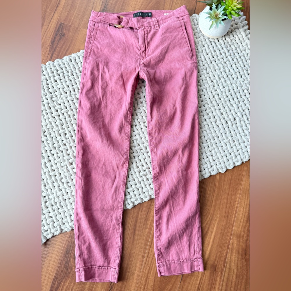 One 5 One | Chino Colette Belted Linen Blend Pants in Rosewood Pink | 5/27